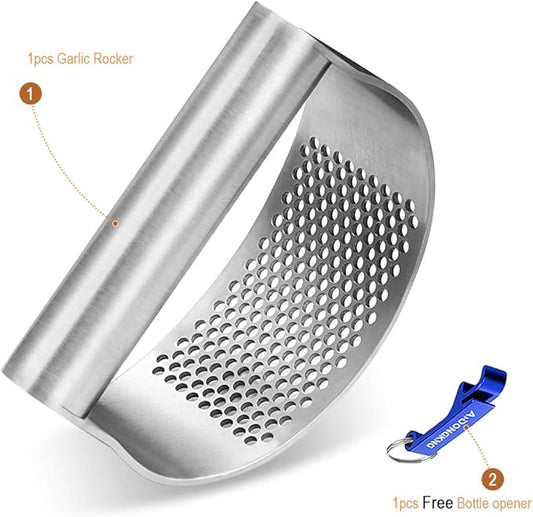 Garlic Press Rocker, Bottle Opener, Stainless Steel Garlic Crusher Chopper Squeezer Slicer Mincer