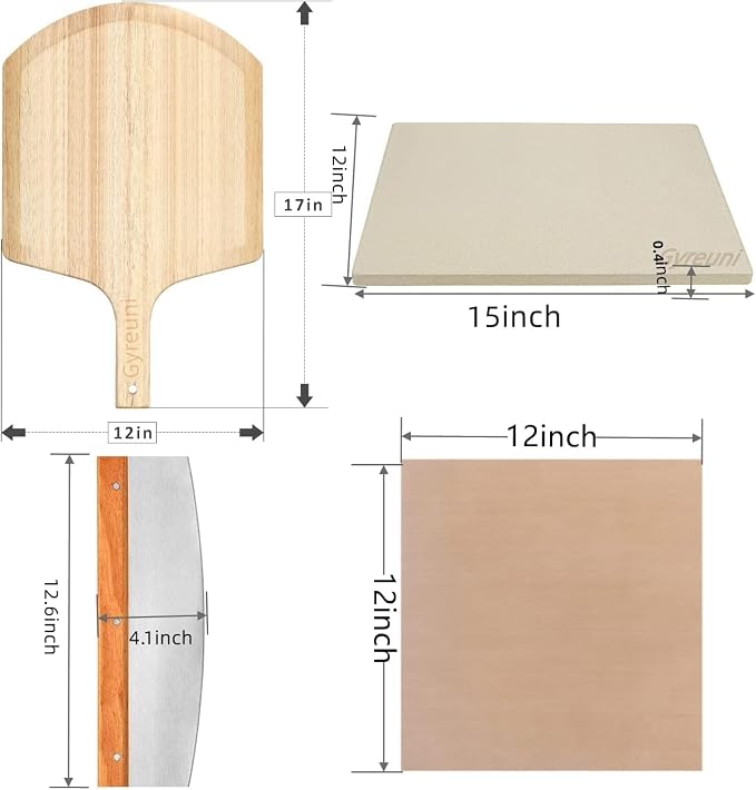 4 PCS Rectangle Pizza Stone Set, 15" Large Pizza Stone for Oven and Grill with Pizza Peel(OAK), Pizza Cutter & 10pcs Cooking Paper for Free, Baking Stone for Pizza, Bread,BBQ (Pack of 2)