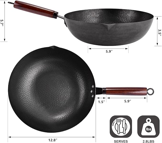 Leidawn 12.8" Carbon Steel Wok,11 Pcs Woks & Stir Fry Pans Wok Pan with Lid | Pre-Seasoned No Chemical Coated Chinese Pan with 10 Cookware Accessories, Flat Bottom Woks for Electric, Induction,Gas Stoves