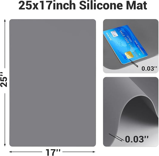 25“x17”x0.03“ Silicone Mats for Kitchen Counter, Large Silicone Countertop Protector, Nonskid Heat Resistant Desk Saver Pad, Multipurpose Mat, Placemat, Dark Gray