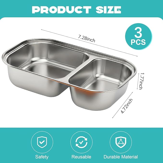 3 Pack Stainless Steel Snack Containers with Silicone Lids, 2 Compartment Food Storage for Office, Work, Travel, Meal Prep, Hiking, Picnic