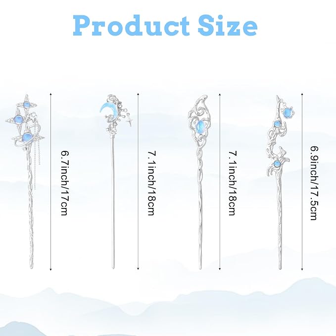 8 Pcs Star Moon Hair Sticks Chinese Hanfu Asian Hair Chopsticks Metal Silver Hair Bun Updo Holders for Women Accessories Long Hair