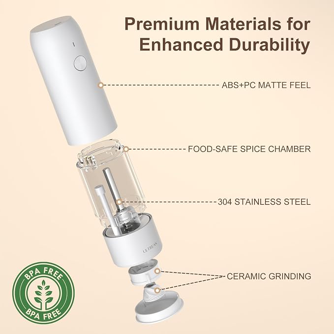 Ultrean Electric Pepper Grinder, Rechargeable Salt and Pepper Grinder with 6 Adjustable Coarseness, LED Light, Automatic Grinder for Kitchen, Kitchen Gadget & Housewarming Gifts, White
