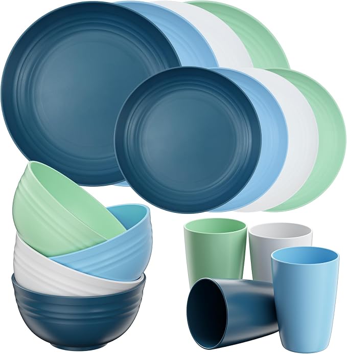 Quatish 16 Piece Plates and Bowls Sets for 4, Unbreakable Dinnerware Sets, Plastic Dish Set for Camping, Dishwasher Microwave Safe, Outdoor Kitchen and Apartment Dorm Dinning RV Essentials, Blue