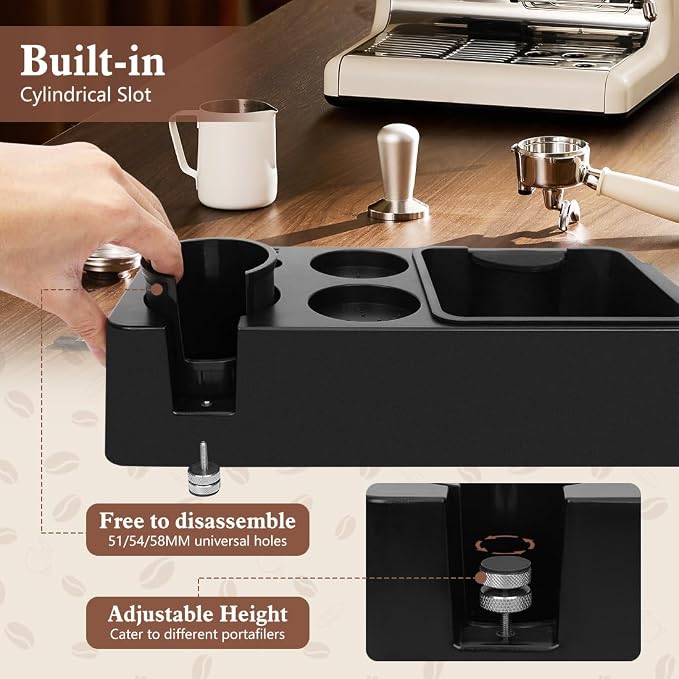 Y-Step Espresso Knock Box, 8 in 1 Espresso Tamping Station ABS Coffee Tamper Station Base Espresso Accessories Organizer Box for Storage 51-58MM Espresso Tamper, Distributor, Portafilter & Puck Screen