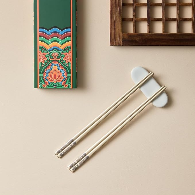 Korean Metal Chopsticks 2 Pairs, Matte Gold Stainless Steel Chopsticks with Two-Tone Dancheong Laser Engraving, Reusable Dishwasher Safe Gift Set