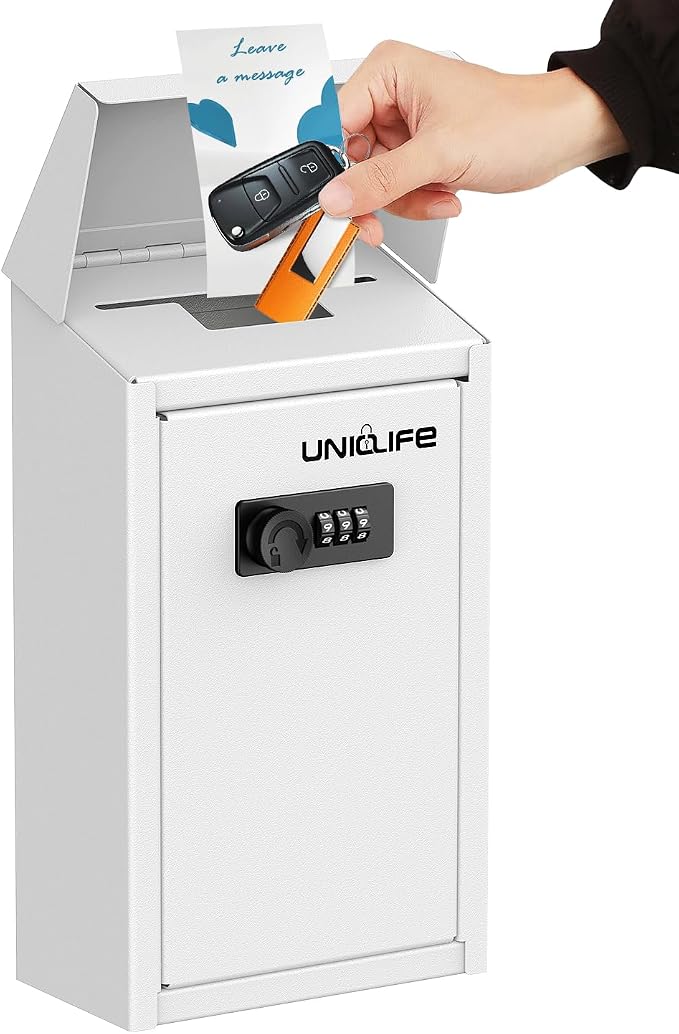Uniclife Cash Box with Combination Lock, Wall Mounted Mailbox for Outside | White Code Lock Box, Metal Donation Box with Top Slot, Suggestion Box for Office and Business