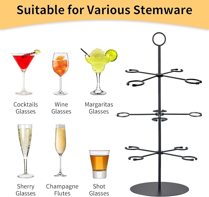Cocktail Tree Stand for Parties Brunch,3 Tiers 12 Holders Drink tower Wine Glass Holder Stand,Champagne Tower Martinis Tree,Wine Glasses Display Margarita tower Drink stand for Mimosa Bar Party Bridal