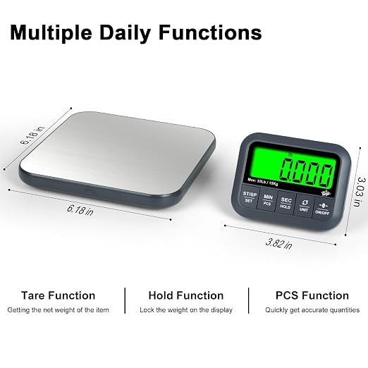 QP Wireless Food Scale, 33lb/0.04oz Digital Kitchen Scale, Meat Scale with Timer Function, 9 Units, Tare/Hold/PCS Function, Auto Off, LCD Display, Digital Food Scale for Cooking, Baking, Postage