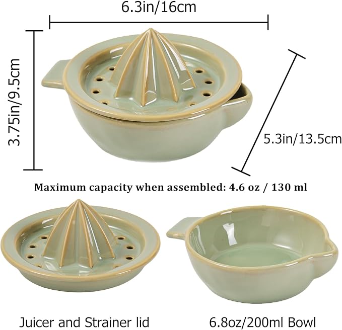 Ceramic Citrus Lemon Orange Juicer Manual Squeezer, Hand Juicer Reamer | Rotation Press with Strainer Lid, Spout, Handle, Dishwasher Safe, Easy to Clean