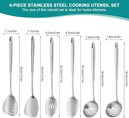 6Pcs Stainless Steel Kitchen Utensils Set – Cooking Utensils Set Stainless Steel, Metal Cooking Utensils with Wok Spatula, Serving Spoons,Ladle Set– Durable Cooking Supplies for Home and Camping