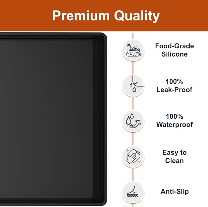 ukeetap 19" x 12" Extra Thick Silicone Mat Waterproof with Raised Edge, BPA Free Non-Slip Dog & Cat Food Mat, Feeding Mat for Food and Water Bowls, Spill Proof Mat to Protect Floors, Black