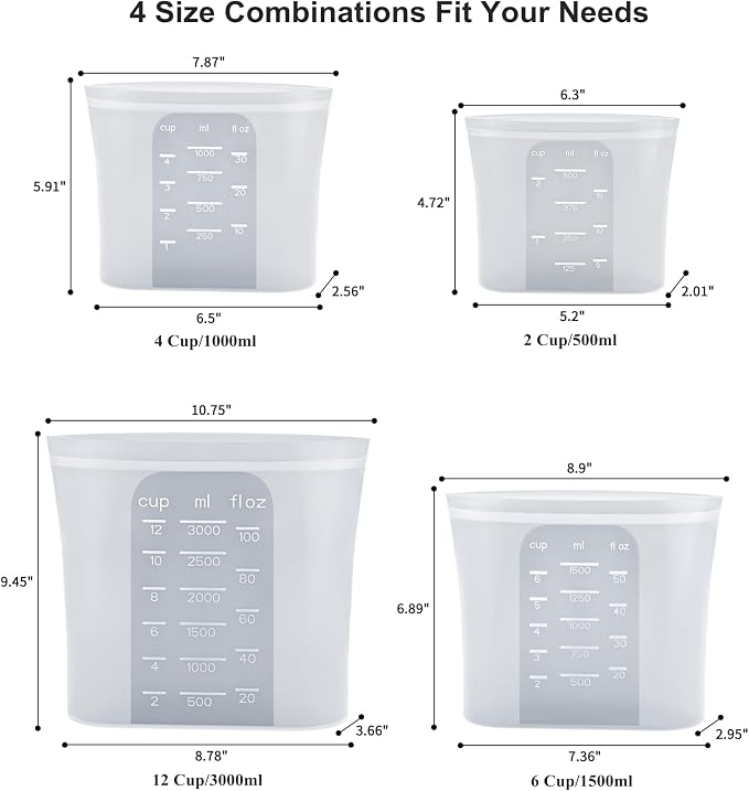 Bangp Premium Silicone Reusable Food Storage Bags,4 Pack | Stand-Up Bottom,Reclosable Freezer Bags for Soup,Sandwich,Salad Fruit,Snack,Leak-free,Food-safe Silicone,Oven,Dishwasher Safe