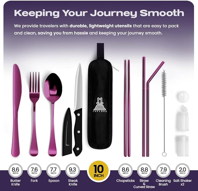 Taplord Portable Travel Silverware Set With Case, Includes 10 Pcs of Travel Utensils With Case, Stainless Steel Flatware Set For Camping, Lightweight (Purple)