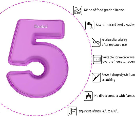 Ducodocu Large Silicone Number Cake Mould 3D Novelty Cake Pan DIY Baking Mold for Birthday Anniversary Number of 5