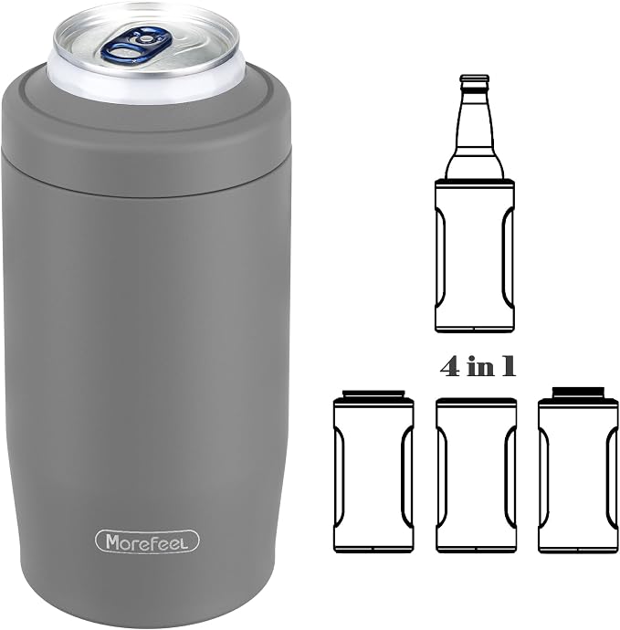Morefeel 4-in-1 Insulated Can Cooler for 12 oz Cans & Bottles | 304 Stainless Steel Can Holder Fits 12 Oz Slim Cans, Standard Cans, Beer Bottles & Works as A Open Cup; Dishwasher Safe
