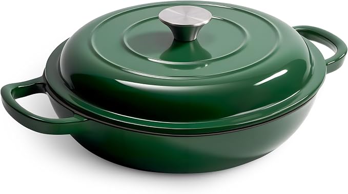 3 Quart Enameled Cast Iron Braiser, Non Stick Enameled Cast Iron Skillet with Lid, Dutch Oven Skillet with lid up to 500°F for Oven, Stove, Grill, Shallow Dutch Oven for Cook, Bake (Green)