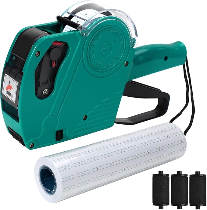 MX-5500 8 Digits Price tag Gun with 5000 Sticker Labels and 3 Ink Refill, Label Maker Pricing Gun Kit Numerical Tag Gun for Office, Retail Shop, Grocery Store (A/Green)
