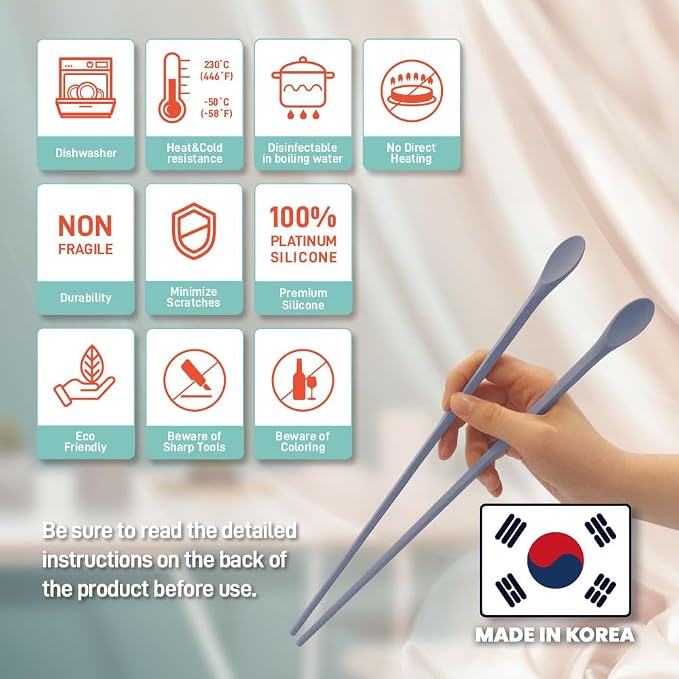 Reusable Long Silicone Cooking Chopsticks with Spoon 12 Inches 1 Pair, Dishwasher Safe, BPA-free Non-Slip,Korea Kitchen Utensils (Pastel Blue, 1 Pair )