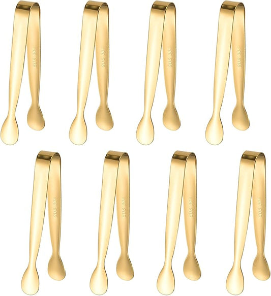 8PCS Gold Mini Metal Tongs, 4.3" Stainless Steel Tiny Tong, Small Kitchen Accessories for Serving Food, Ice, Sugar Cube, Salad, Toaster, Desserts