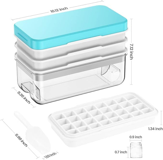 1.0" Ice Cube Tray with Lid and Bin, PHINOX 96 Cubes Ice Trays for Freezer, Ice Cube Trays for Freezer with 3 trays, Container, Lid & Ice Scoop, BPA Free, Blue(32Cubes/Tier)