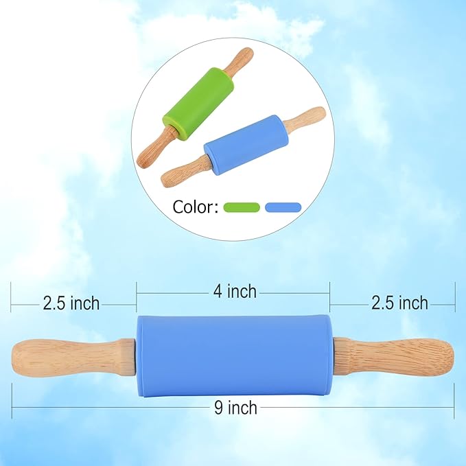 Mini Silicone Rolling Pin for Kids, Non-stick Surface Wood Handle, 9 Inch 1 Pack Blue