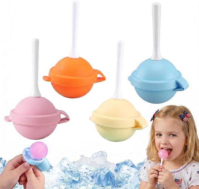 4PCS Reusable Silicone Lollipop Ice Cream Mold, Homemade Popsicle Molds, DIY Creative Ice Pops for Summer, Silicone Popsicle Maker for Juice, Yogurt & Frozen Treats, Fun Dessert Mold (Set)