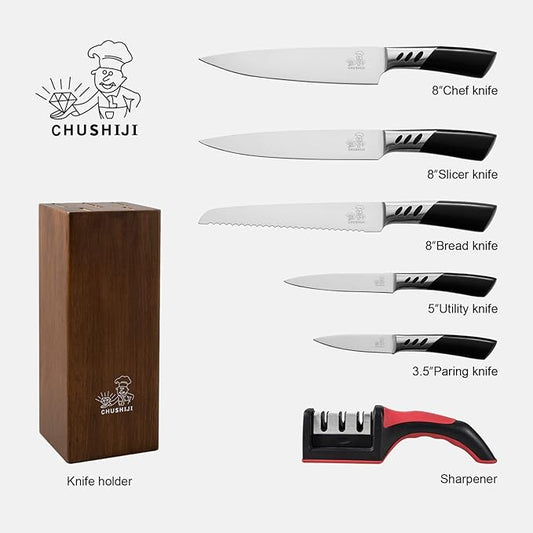 Knife Block Set, 7 Piece Cooking Knife Set, Premium Kitchen Knife Set with Knife Block and Sharpener, Hardwood Brown Knife Set，New Apartment Gift