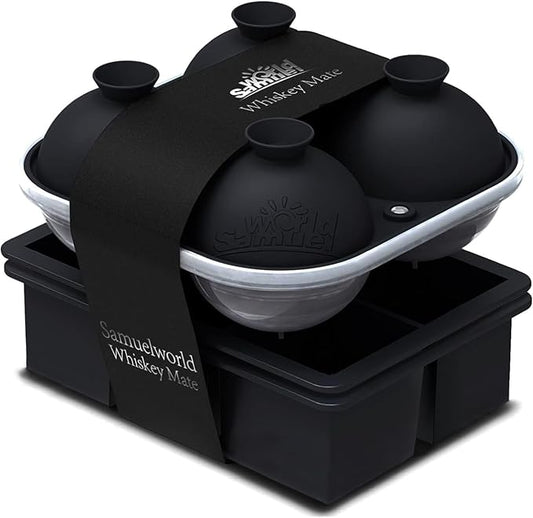 Samuelworld Premium Ice Tray Combo (3 Pack), Large Ice Sphere Maker & New Upgraded Ice Cube Trays, Food Grade, Easy To Use, Spill-Free Integrated Funnels, Whiskey Bourbon Cocktails, Black