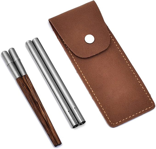 Foldable Chopsticks Travel Friendly Chopsticks with Leather Case Wood Tablewares Convenient Utensils for Outdoor Use, 20.8CM