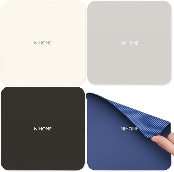 NIHOME Silicone Jar Opener – 6 Inch Large Anti-Slip Grip Pads, Premium 100% Food-Grade Silicone, Stylish Designer Colors, Multi-Purpose Heat-Resistant Mat & Coaster, Set of 4 (Neutral Colors, Square)