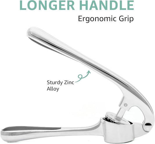 GD Premium Garlic Press Set – Rust-Proof Stainless Steel Garlic Mincer Tool – Easy-Squeeze, Easy-Clean with Soft Ergonomic Handle – Dishwasher Safe, Includes Silicone Peeler & Brush (Imperial Silver)