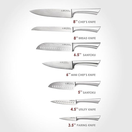 Cuisine::pro Damashiro 8-Piece Satori Knife Block - Japanese Steel Knife Set with Acacia Wood Knife Block -Damascus-Inspired Blade