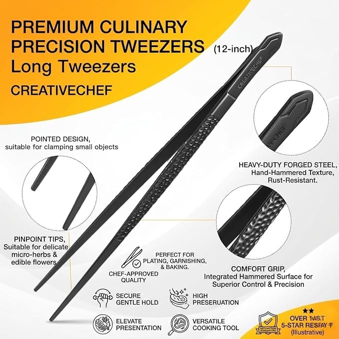Cooking Tweezers, Chef's Tweezers Tongs, Universal for all kinds of cooking, steak, plating, pasta and many other scenarios (5pc Set)