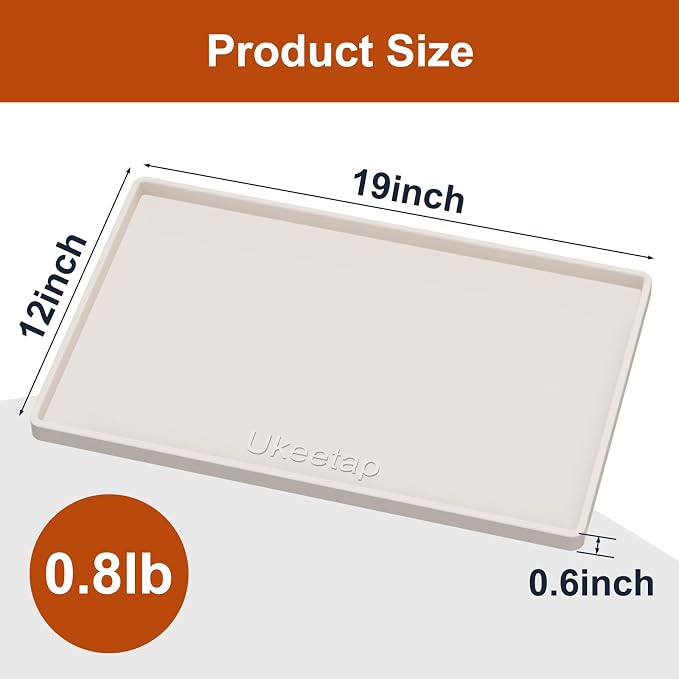 ukeetap 19" x 12" Extra Thick Silicone Mat Waterproof with Raised Edge, BPA Free Non-Slip Dog & Cat Food Mat, Feeding Mat for Food and Water Bowls, Spill Proof Mat to Protect Floors, Beige