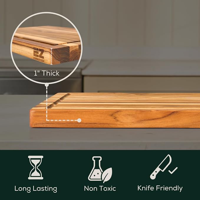 EZ FURNITURE Medium (M) Teak Edge Grain Cutting Board, Reversible, Knife-Friendly Charcuterie Wood Cutting Board with Juice Groove & Handles, Non-Toxic, Gift Box Included (17" x 13" x 1")