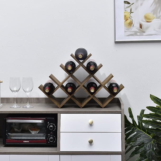 KIRIGEN Wood Wine Rack, 13-Bottle 4-Tier Countertop Holder, Brown 4-DBR | 22.28 x 5.9 x 13.9 In, Freestanding Wooden Rack Stores 13 Wine Bottles for Counters, Cabinets, Pantry Shelves, and Home Bars