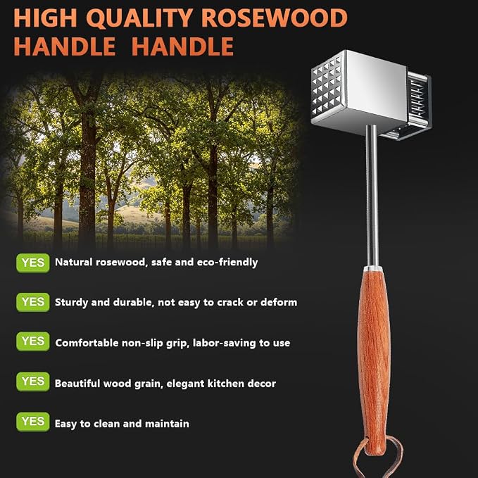 2 in 1 Stainless Steel Meat Tenderizer Hammer, Meat Mallet for Steak Pork | Non-Slip Rosewood Handle Meat Tenderizer, Dual Sides Heavy Duty Easy to Clean for Steak Beef Pork Poultry for Cooking Gift