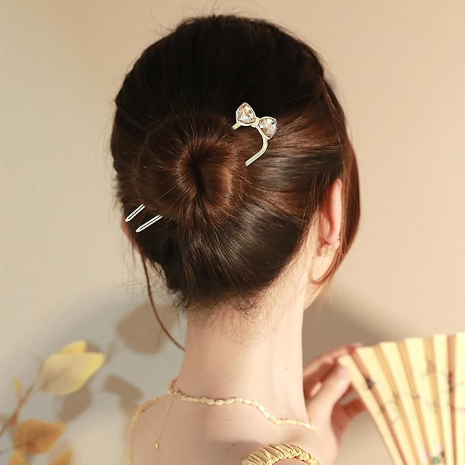 Lawie 10 Pack Cute Flower Butterfly U Shaped Gold Metal Hair Fork Pins Curved Chopsticks for Hair Sticks with Dangles French Hair Pins Bun Holder Decorative Hair Accessories for Women Girls