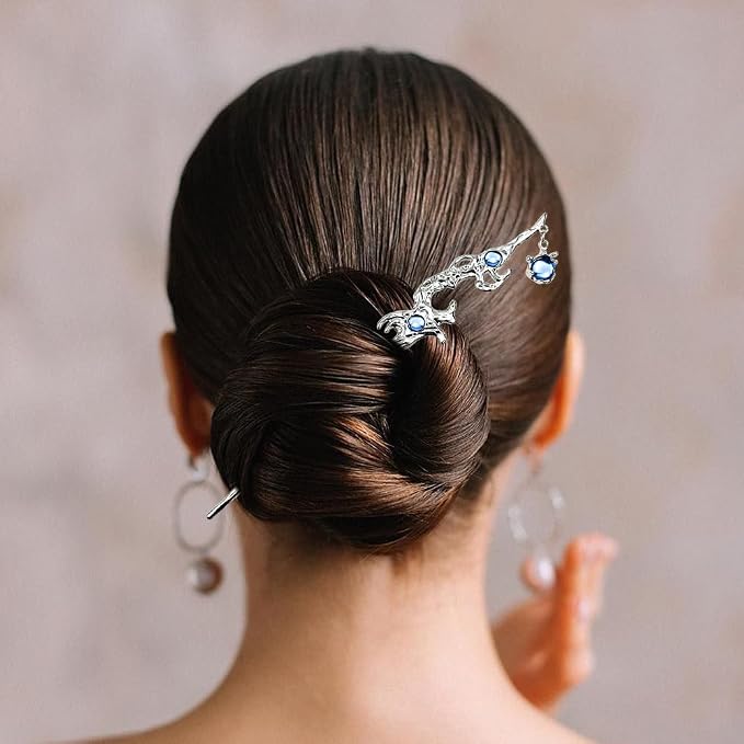 5PCS Star Moon Hair Sticks for Buns Long Hair Chinese Hanfu Asian Vintage Hair Chopsticks Metal Silver Hair Bun Updo Holders Long Hairpins for Women Girls