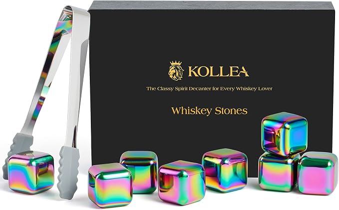 Kollea Whiskey Stones, 8 PCS Multicolor Stainless Steel Whiskey Chilling Rocks, Reusable Ice Cubes for Bottle Drinking, for Men Dad, Boyfriend, Bourbon, Cocktail Bar, Fathers, Anniversary, Christmas