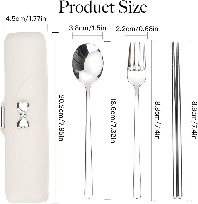 Reusable Travel Utensils with Case, Portable Cutlery for Work | Cute Silverware Set for Lunch Box, Stainless Steel Spoon Fork Chopsticks for Camping, Picnic, Food-Grade, Dishwasher Safe