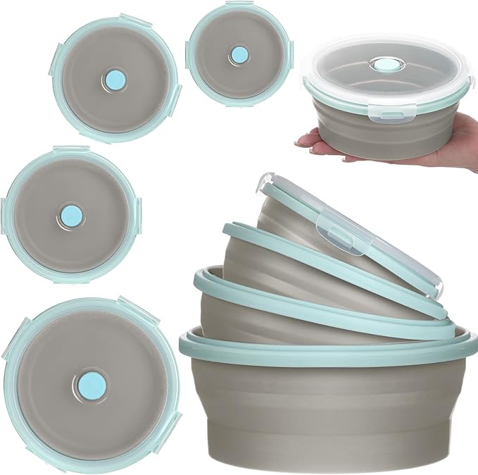 4 Pcs Collapsible Bowls with Lids Silicone Camping Food Storage Container Expandable Folding Salad Lunch Box Travel Container for Hiking Camping