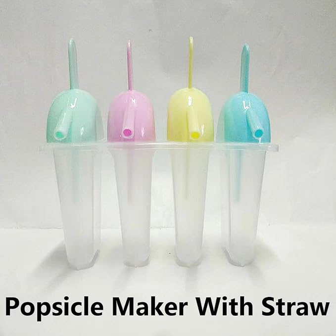 4 Sets 4 Cavity Popsicles Molds with Straw Design, Reusable Homemade Ice Pop Mold, Easy Release Ice Cream Mold