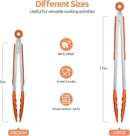 600ºF Heat Resistant Kitchen Tongs: U-Taste 9+12 inch Silicone Cooking Tong Set with Firm Sealed Non Stick Rubber Tips and Silicon Coated 18/8 Stainless Steel Handle for Serving Grilling Salad(Orange)