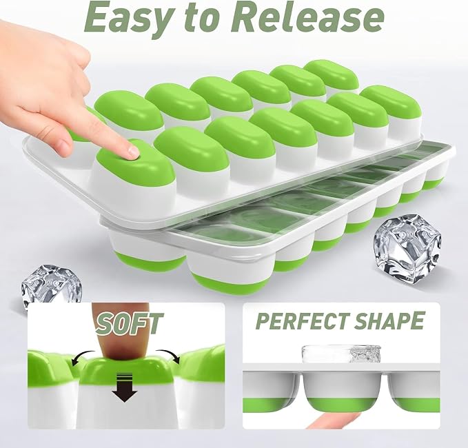 ChefAide Ice Cube Tray with Lid and Bin, 3 Packs 42 Cubes Silicone Plastic Ice Cube Trays for Freezer, Stackable Ice Tray with Container, Ice Scoop for Drinks, Coffee and Cocktails