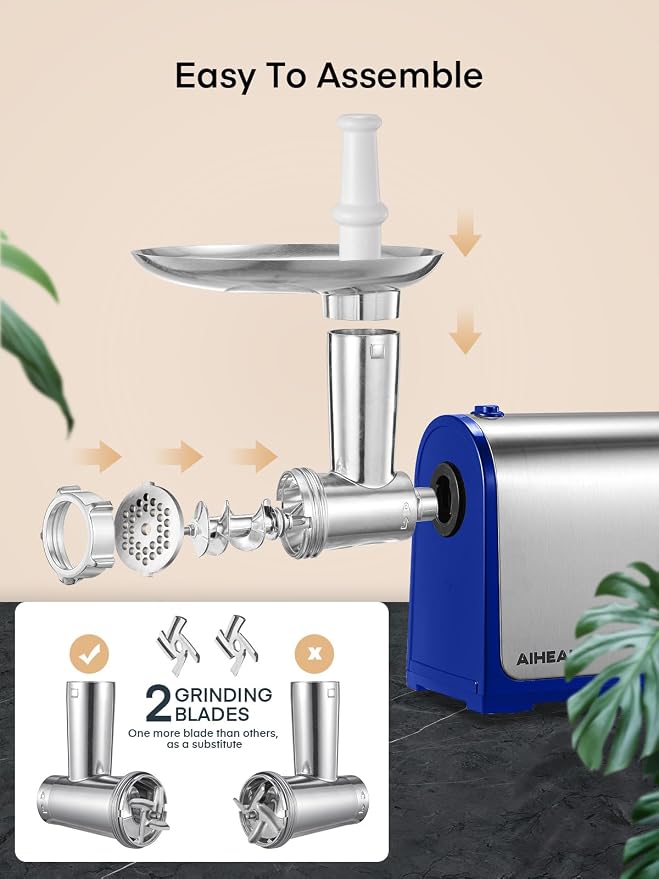 Electric Meat Grinder, Sausage Stuffer with 3 Sausage Tubes, 2 Blades, 3 Plates, 3200W Max, Meat Grinder Heavy Duty for Home Kitchen Use, Stainless Steel (Blue)