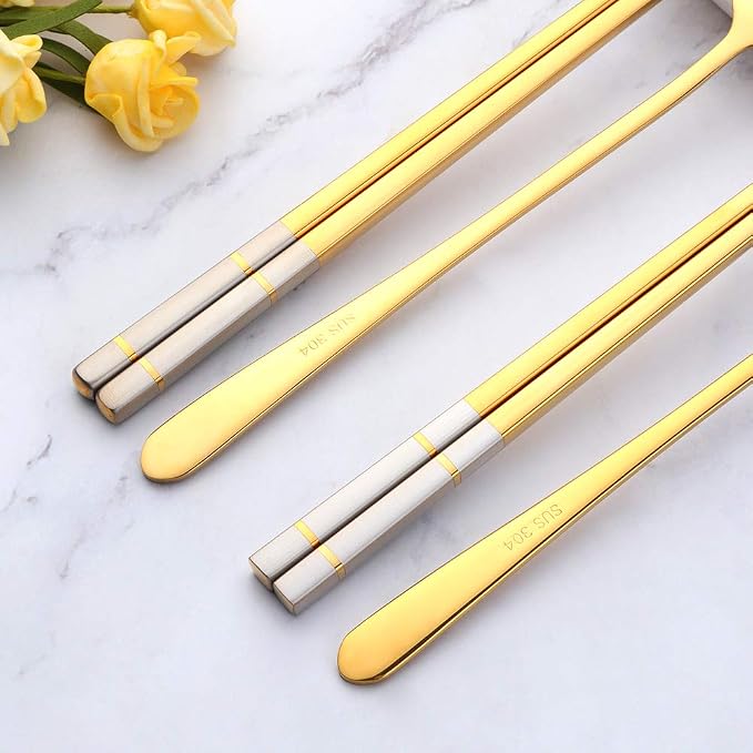 Buyer Star 4 Set Gold Square Chopsticks and Spoons Set Metal Stainless Steel Spoons Chopsticks Set