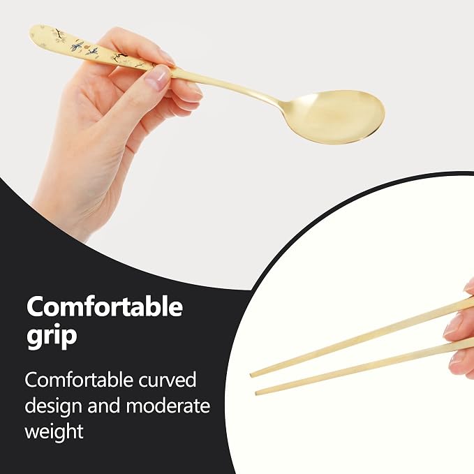 [2 Sets] [Made in Korea] Crane Painting Design Korean Table Sticky Rice Spoon and Chopsticks 304 Stainless Steel Gold Titanium Plated Mukbang Cutlery