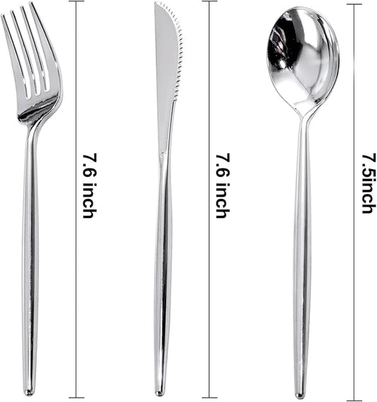 Rubtlamp 180 Pcs Silver Plastic Silverware, Silver Utensils Heavy Duty, Elegant Plastic Cutlery, Fancy Disposable Flatware, Forks Spoons and Knives Set For Party Mother's Day